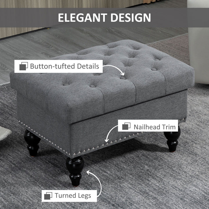 HOMCOM Storage Ottoman 25" with Removable Lid Button-Tufted Fabric Bench Wood Legs Grey Footrest Seat