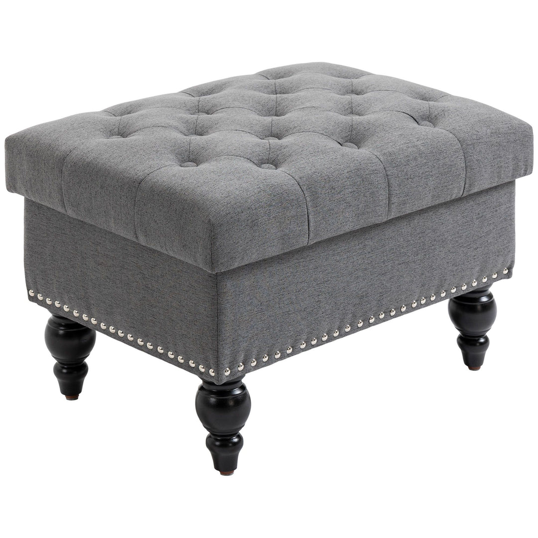 HOMCOM Storage Ottoman 25" with Removable Lid Button-Tufted Fabric Bench Wood Legs Grey Footrest Seat