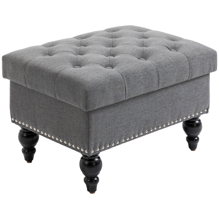 HOMCOM Storage Ottoman 25" with Removable Lid Button-Tufted Fabric Bench Wood Legs Grey Footrest Seat