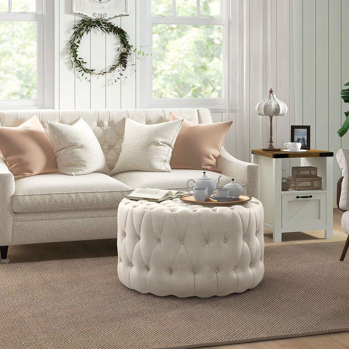 HOMCOM Round Ottoman Velvet-Feel Upholstered Foot Stool, Button Tufted Design and Padded Seat for Living Room, Entryway, Beige