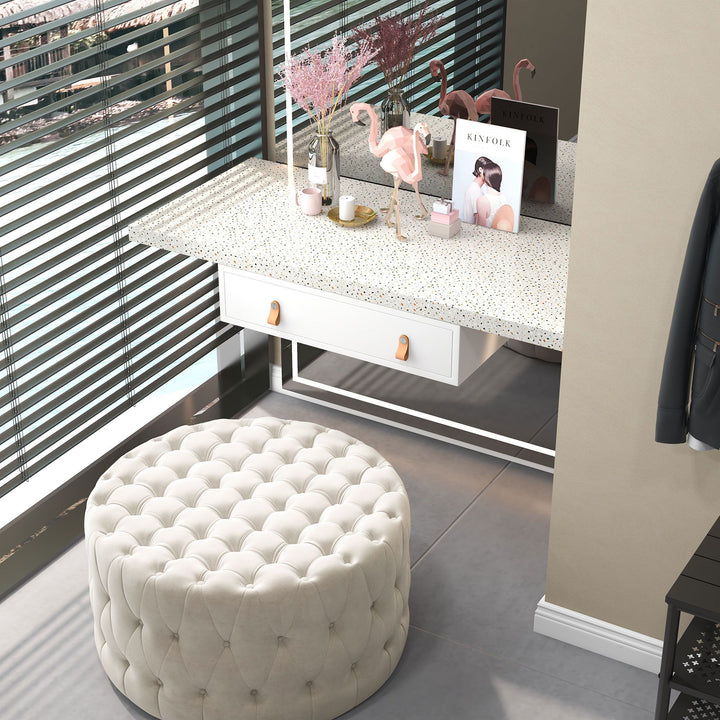 HOMCOM Round Ottoman Velvet-Feel Upholstered Foot Stool, Button Tufted Design and Padded Seat for Living Room, Entryway, Beige