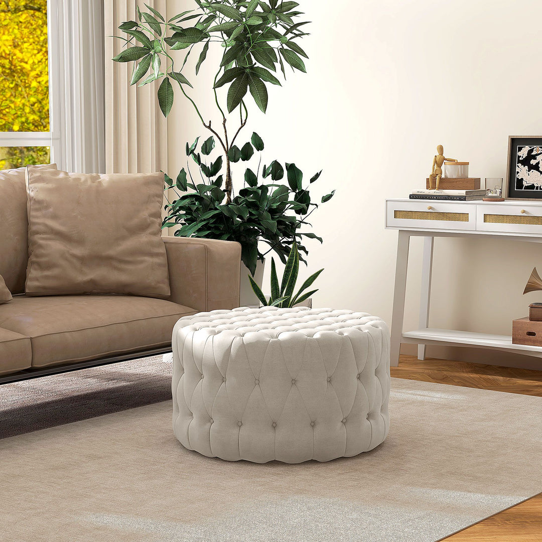 HOMCOM Round Ottoman Velvet-Feel Upholstered Foot Stool, Button Tufted Design and Padded Seat for Living Room, Entryway, Beige