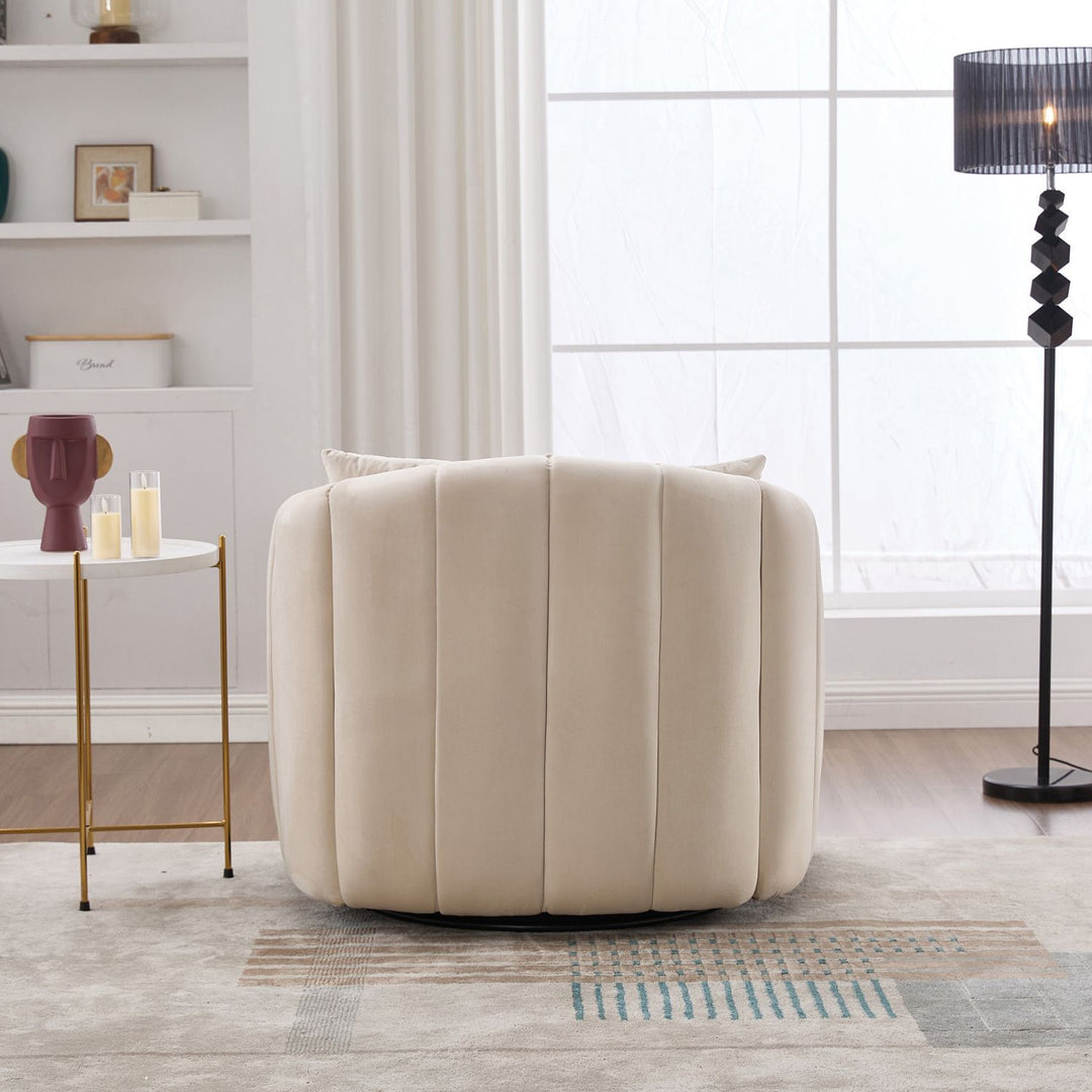 40.35"W Upholstered Oversized 360° Swivel Accent Barrel Chair and Half Cozy Sofa with 3 Pillows, Velvet Channel Tufted Pumpkin-Shape Club Armchair for Living Room, Bedroom, Office, Lounge,BEIGE