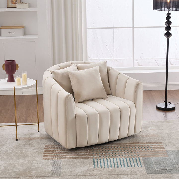 40.35"W Upholstered Oversized 360° Swivel Accent Barrel Chair and Half Cozy Sofa with 3 Pillows, Velvet Channel Tufted Pumpkin-Shape Club Armchair for Living Room, Bedroom, Office, Lounge,BEIGE