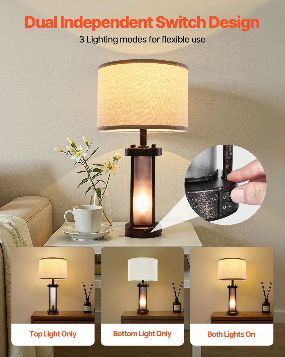 Table Lamps Set of 2 Farmhouse Bedside Nightstand Lamps with USB Ports