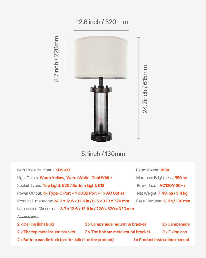 Table Lamps Set of 2 Farmhouse Bedside Nightstand Lamps with USB Ports