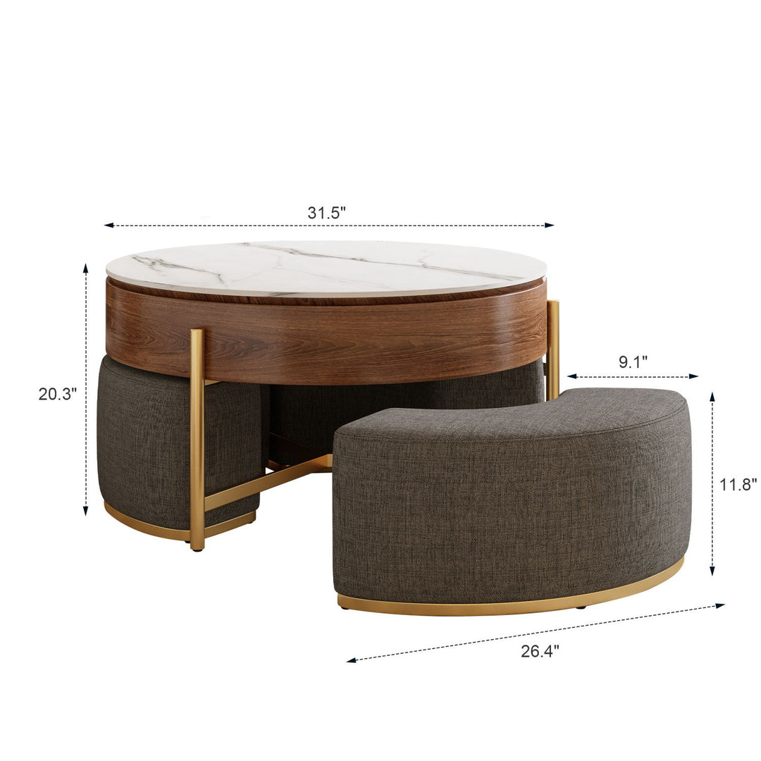 Modern Lift-Top Round Coffee Table with Hidden Storage, Walnut Veneer & Sintered Stone Top,3 Upholstered Nesting Ottomans, Space-Saving Design