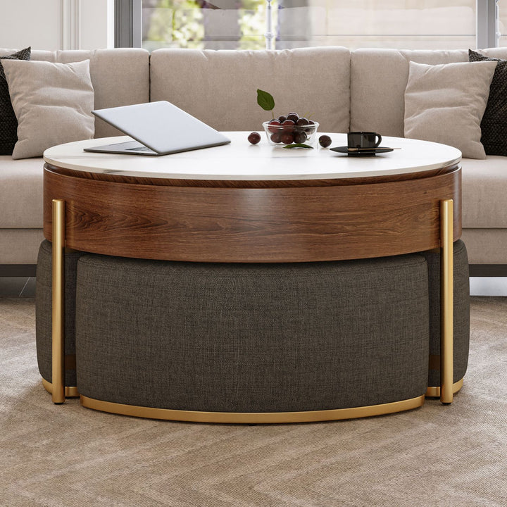 Modern Lift-Top Round Coffee Table with Hidden Storage, Walnut Veneer & Sintered Stone Top,3 Upholstered Nesting Ottomans, Space-Saving Design