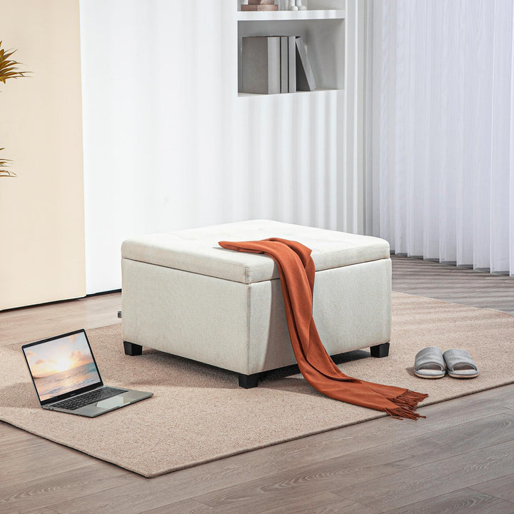 HOMCOM Round Storage Ottoman Bench, Button Tufted Ottoman with Flip Top for Living Room, Entryway and Bedroom, Beige