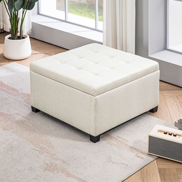 HOMCOM Round Storage Ottoman Bench, Button Tufted Ottoman with Flip Top for Living Room, Entryway and Bedroom, Beige