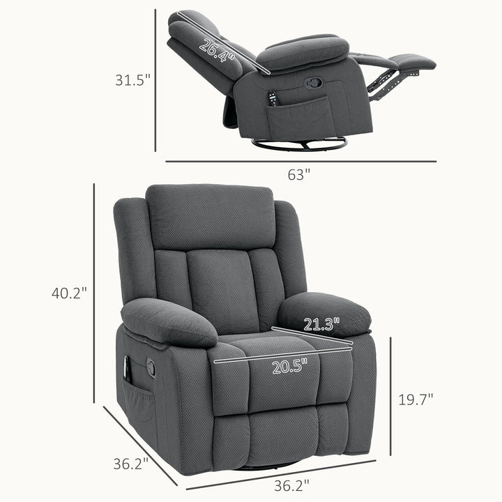 HOMCOM Recliner Massage Armchair with Heat, Oversized Swivel Rocker with Footrest, Remote and Side Pockets, Gray