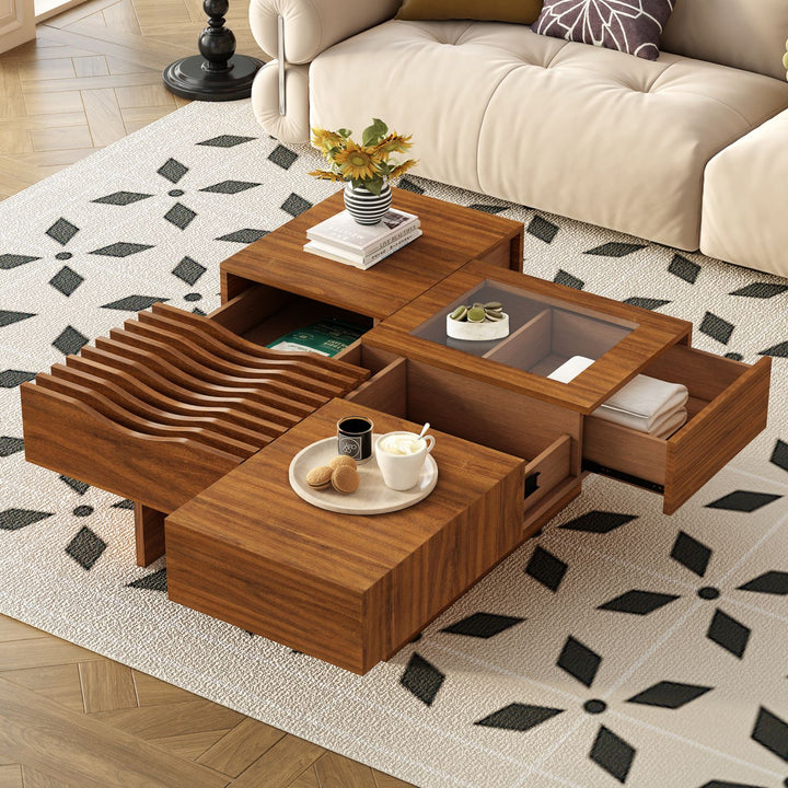 U-Can 33''Mid Century Modern Coffee Table,Unique Square Wooden Coffee Table with 3 Drawers, Tempered glass and Solid Wood Legs for Living Room