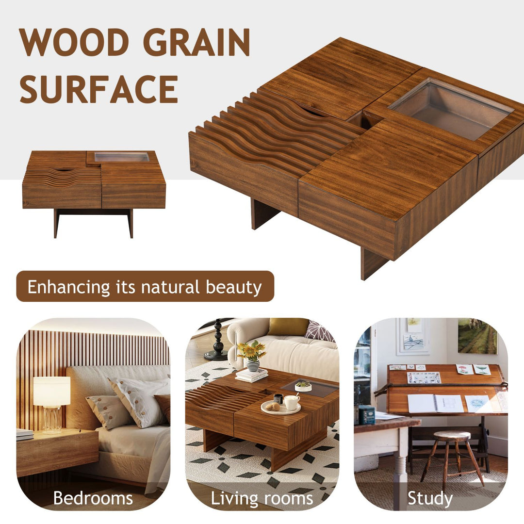 U-Can 33''Mid Century Modern Coffee Table,Unique Square Wooden Coffee Table with 3 Drawers, Tempered glass and Solid Wood Legs for Living Room