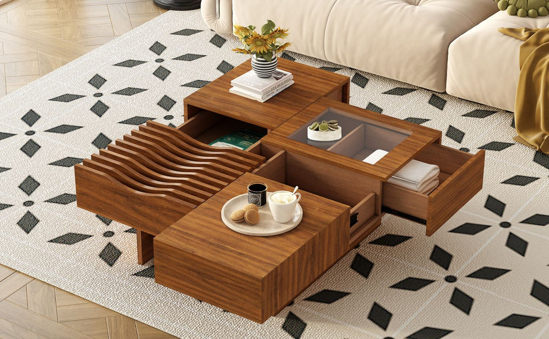 U-Can 33''Mid Century Modern Coffee Table,Unique Square Wooden Coffee Table with 3 Drawers, Tempered glass and Solid Wood Legs for Living Room