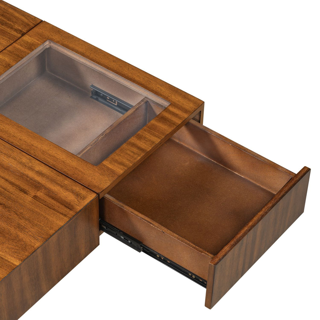 U-Can 33''Mid Century Modern Coffee Table,Unique Square Wooden Coffee Table with 3 Drawers, Tempered glass and Solid Wood Legs for Living Room