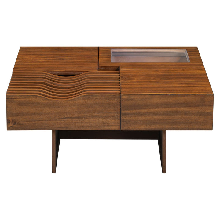 U-Can 33''Mid Century Modern Coffee Table,Unique Square Wooden Coffee Table with 3 Drawers, Tempered glass and Solid Wood Legs for Living Room