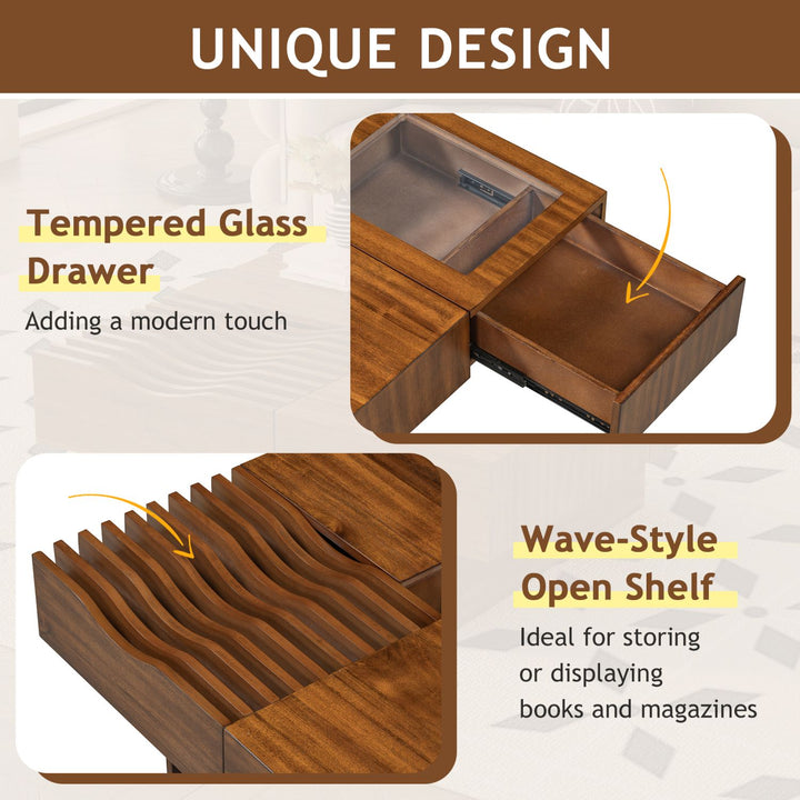 U-Can 33''Mid Century Modern Coffee Table,Unique Square Wooden Coffee Table with 3 Drawers, Tempered glass and Solid Wood Legs for Living Room