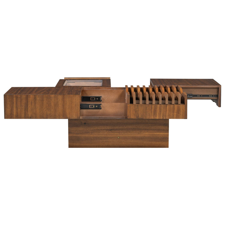 U-Can 33''Mid Century Modern Coffee Table,Unique Square Wooden Coffee Table with 3 Drawers, Tempered glass and Solid Wood Legs for Living Room