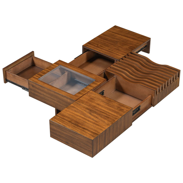 U-Can 33''Mid Century Modern Coffee Table,Unique Square Wooden Coffee Table with 3 Drawers, Tempered glass and Solid Wood Legs for Living Room