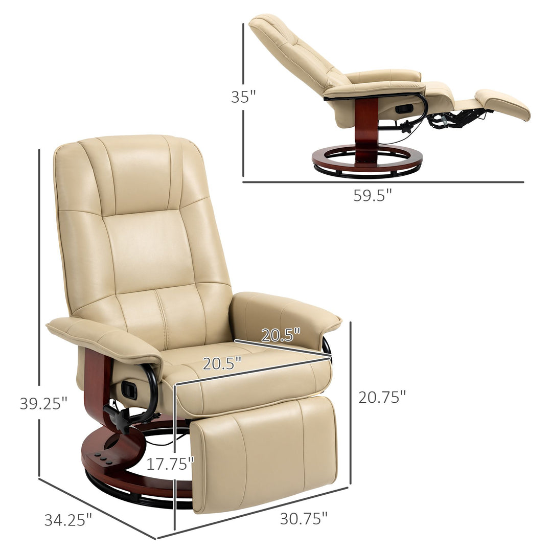 HOMCOM Leather Manual Recliner, Adjustable Swivel Lounge Chair with Footrest, Armrest and Wrapped Wood Base for Living Room, Cream White