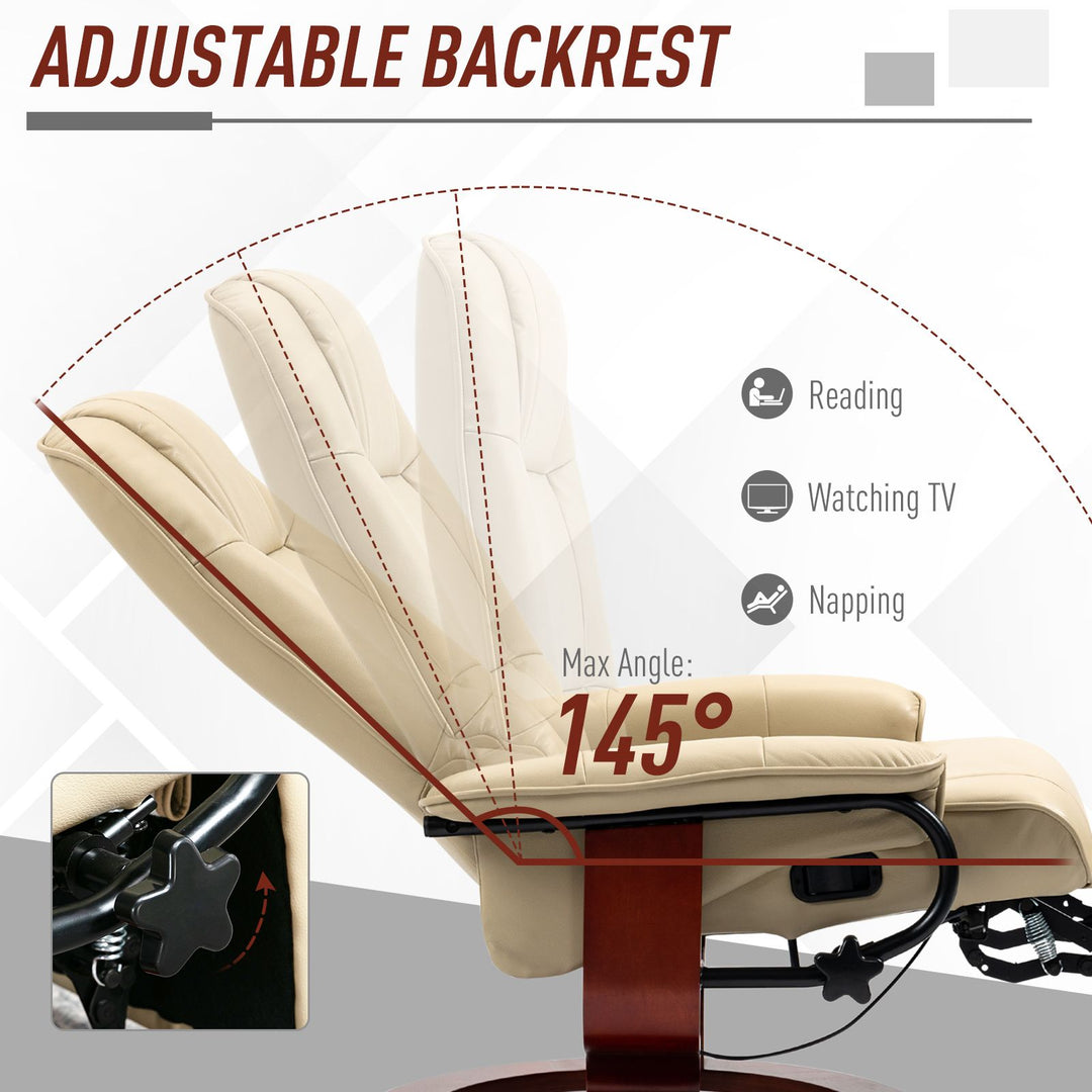 HOMCOM Leather Manual Recliner, Adjustable Swivel Lounge Chair with Footrest, Armrest and Wrapped Wood Base for Living Room, Cream White