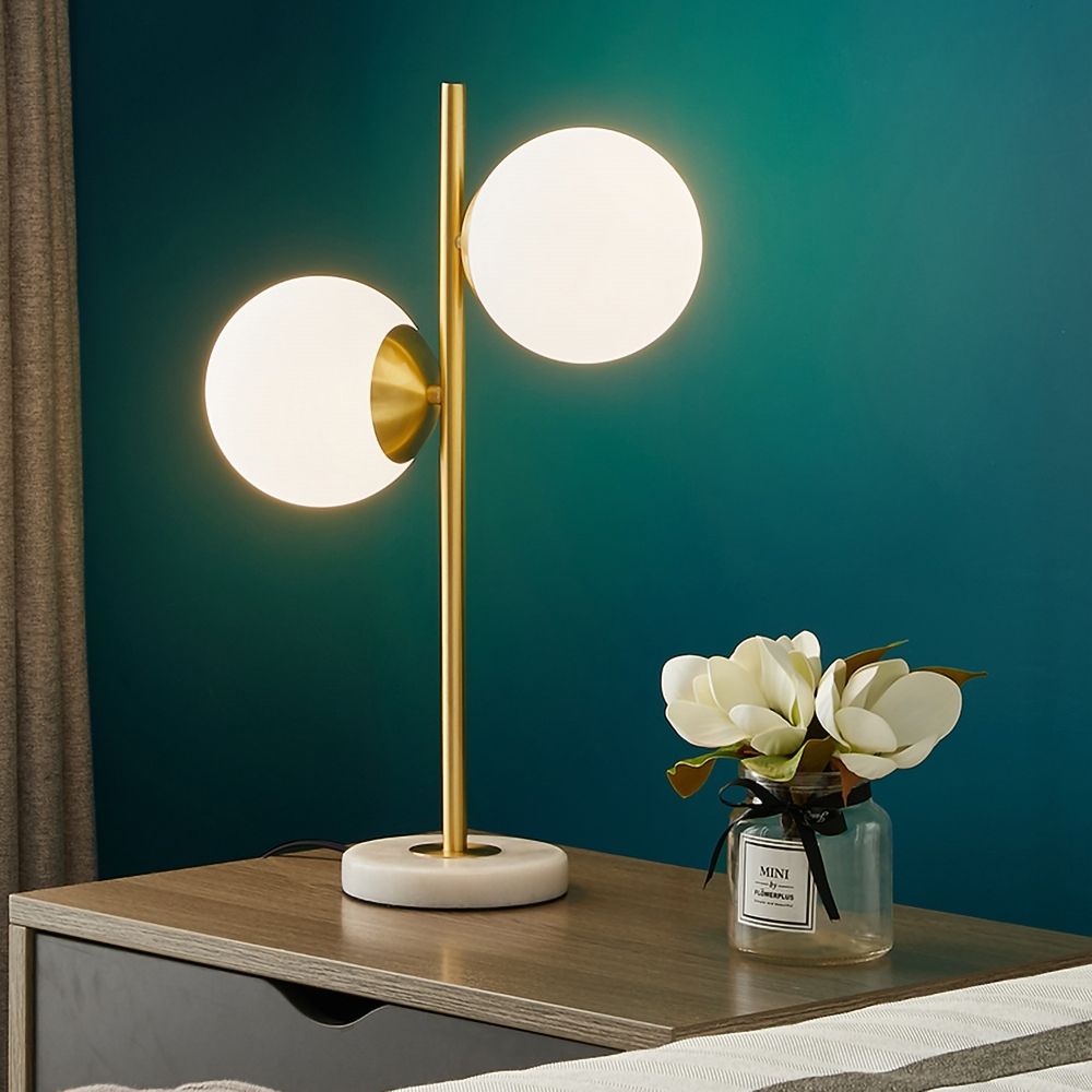 Globeal Gold Modern LED Globe Table Lamp 2 Light White Glass Shade Marble Base