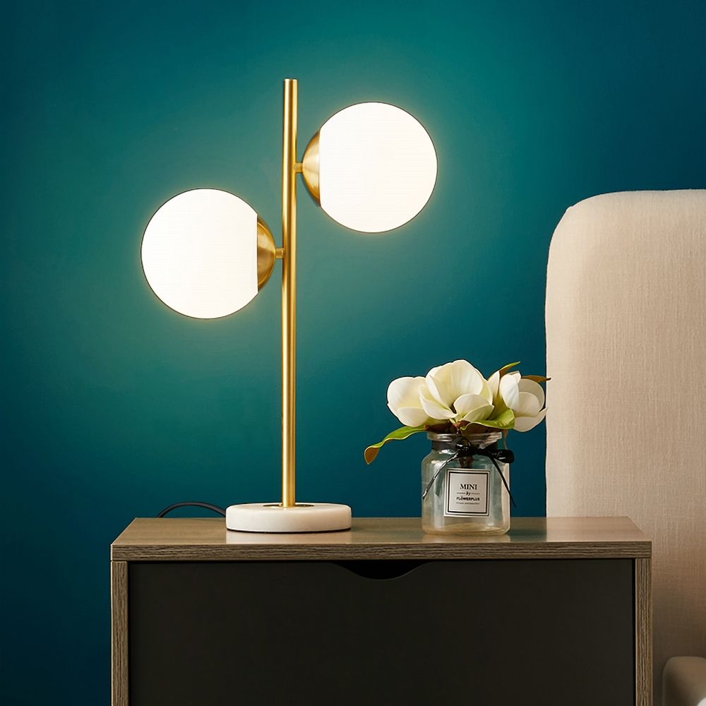 Globeal Gold Modern LED Globe Table Lamp 2 Light White Glass Shade Marble Base