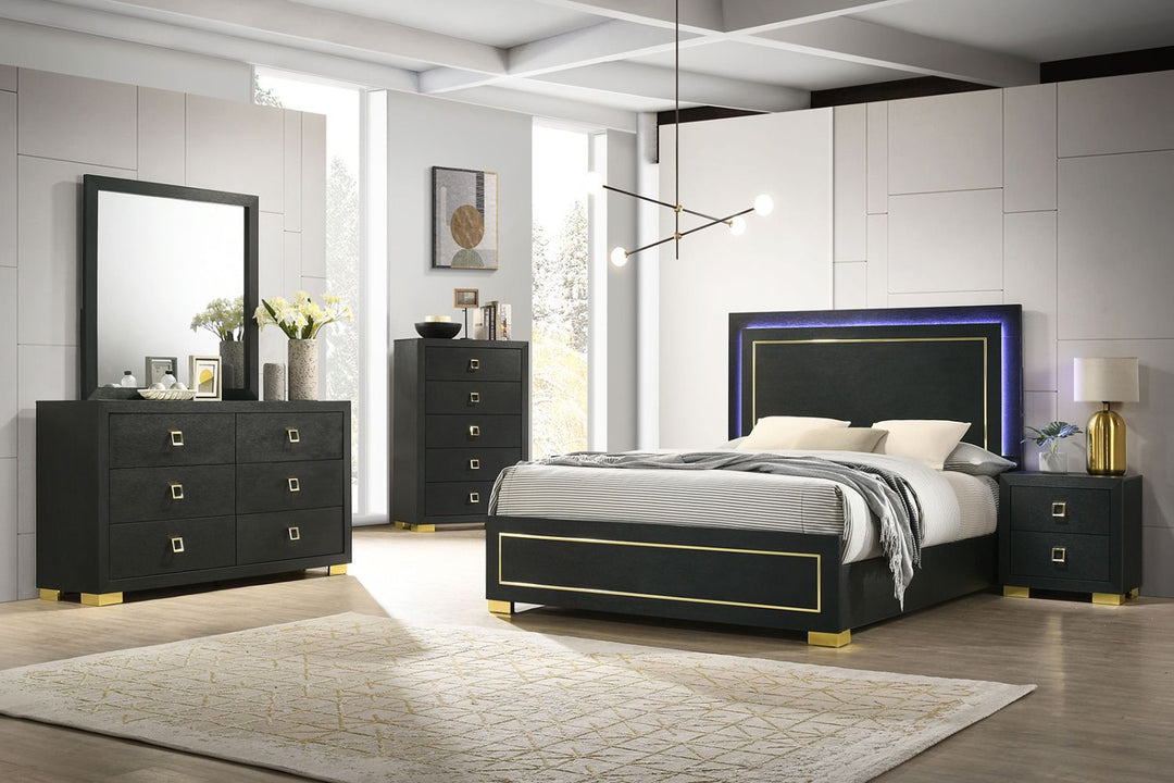 Contemporary Style 3pc Bedroom Set Queen Size Bed And 2x Nightstands Black Wood Gold Accent Legs