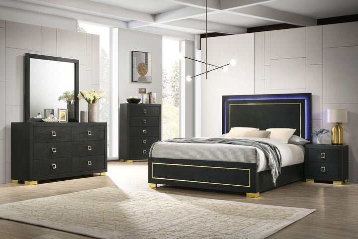 Contemporary Style 3pc Bedroom Set Queen Size Bed And 2x Nightstands Black Wood Gold Accent Legs