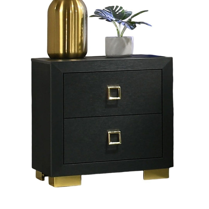 Contemporary Style 3pc Bedroom Set Queen Size Bed And 2x Nightstands Black Wood Gold Accent Legs