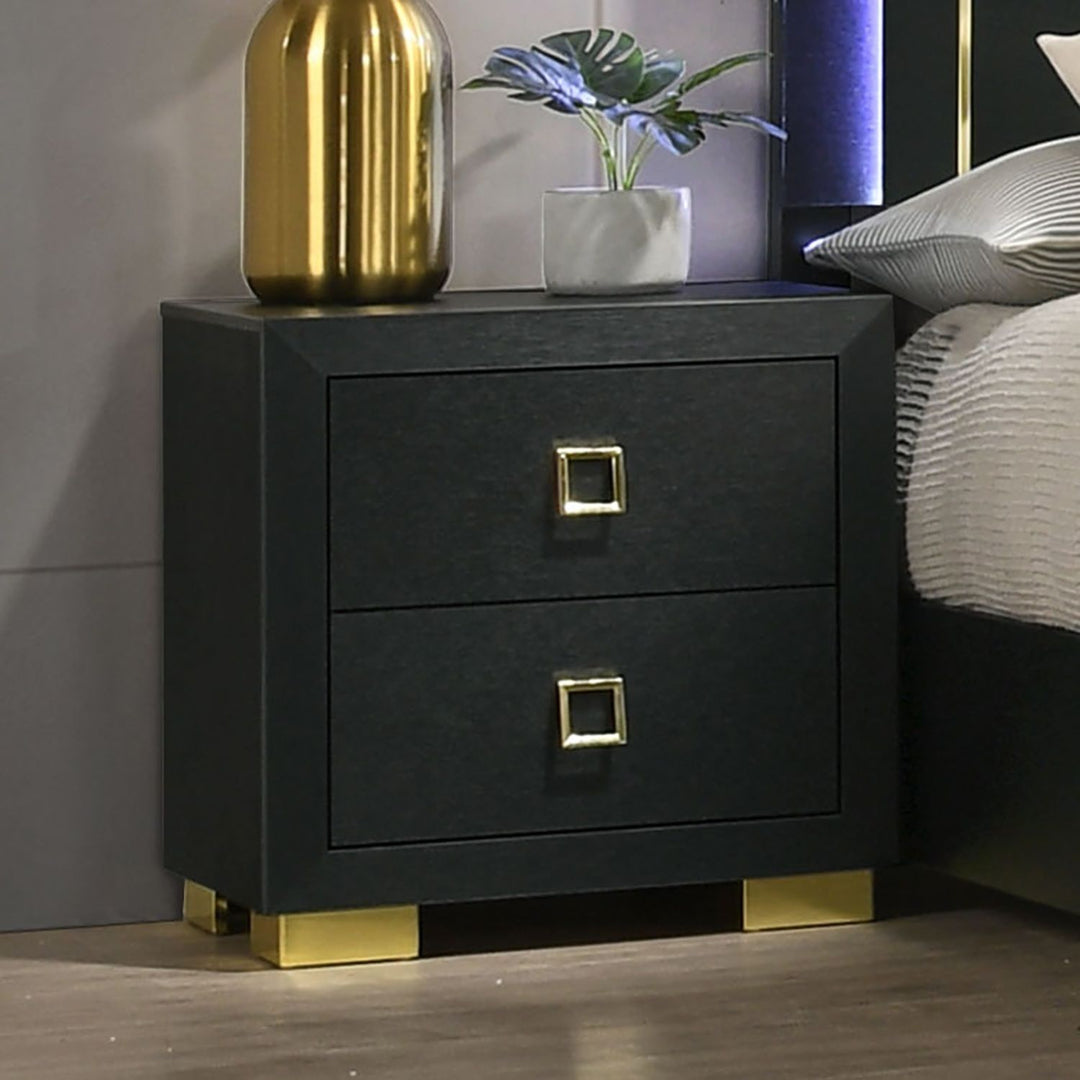 Contemporary Style 3pc Bedroom Set Queen Size Bed And 2x Nightstands Black Wood Gold Accent Legs
