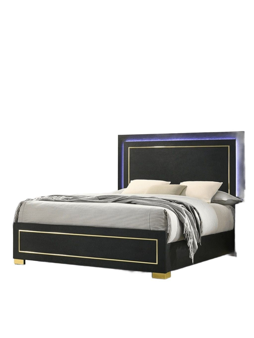 Contemporary Style 3pc Bedroom Set Queen Size Bed And 2x Nightstands Black Wood Gold Accent Legs