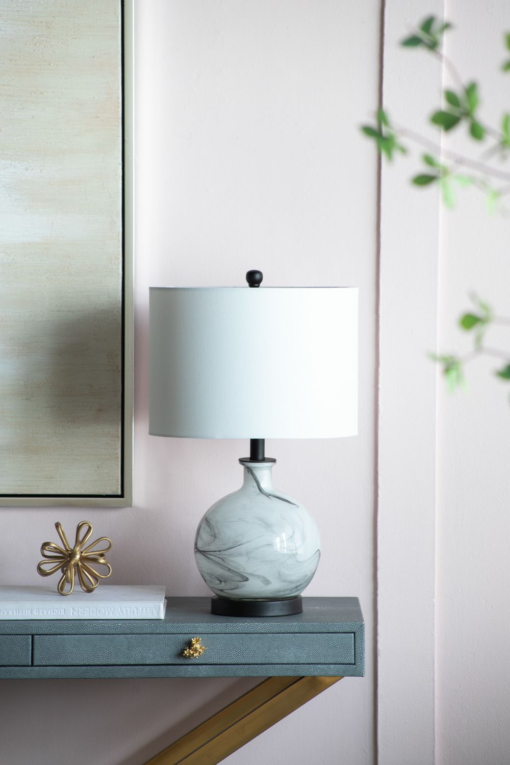 14x14x23" White And Grey Glass Table Lamp