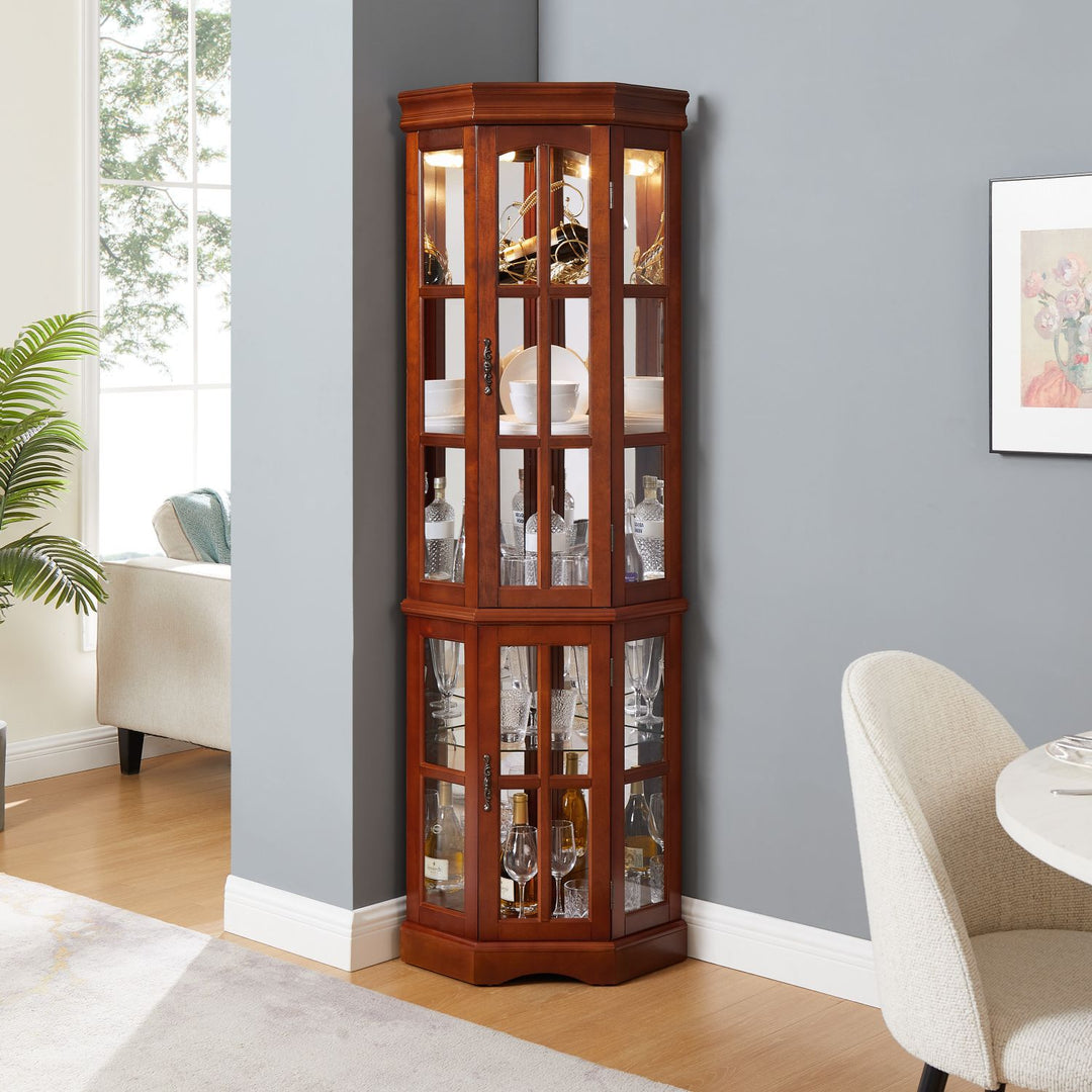 Corner Curio Cabinet with 5 Shelves and Lighting System, Walnut(E26 light bulb not included)