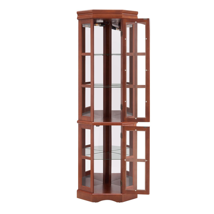 Corner Curio Cabinet with 5 Shelves and Lighting System, Walnut(E26 light bulb not included)