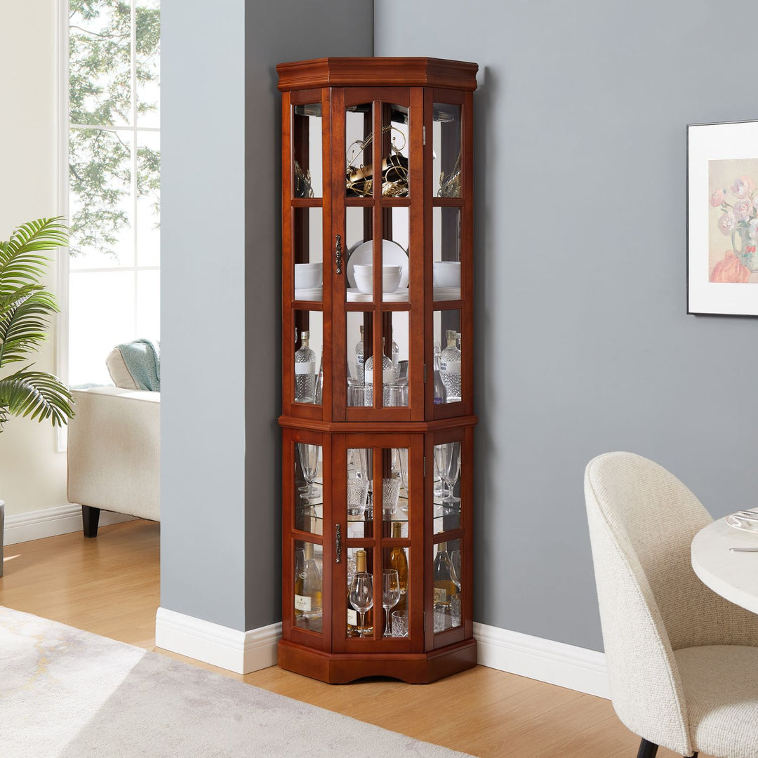 Corner Curio Cabinet with 5 Shelves and Lighting System, Walnut(E26 light bulb not included)
