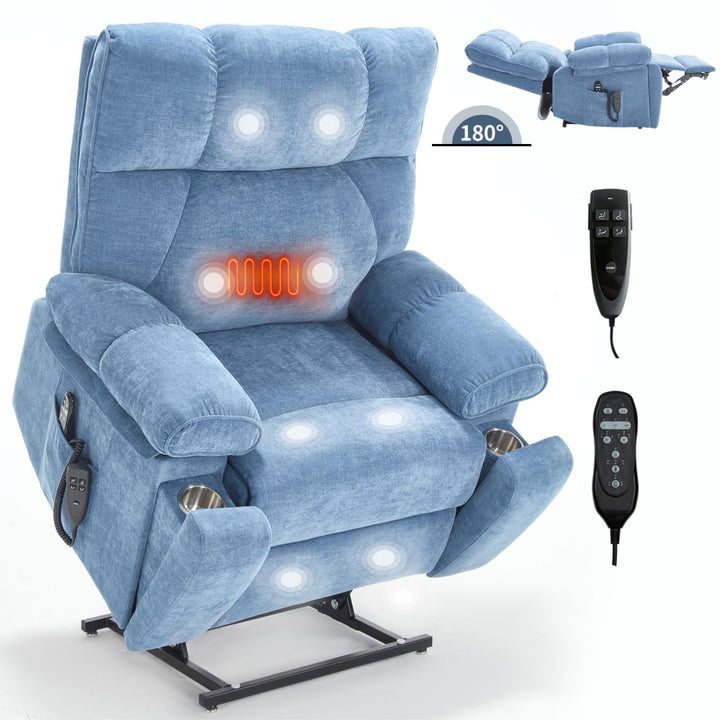 Blue Heat Massage Dual Motor Infinite Position Up to 350 LBS Large Electric Power Lift Recliners with Hidden Cup Holders, Power-Remote, Medium-firm and Heavy Duty