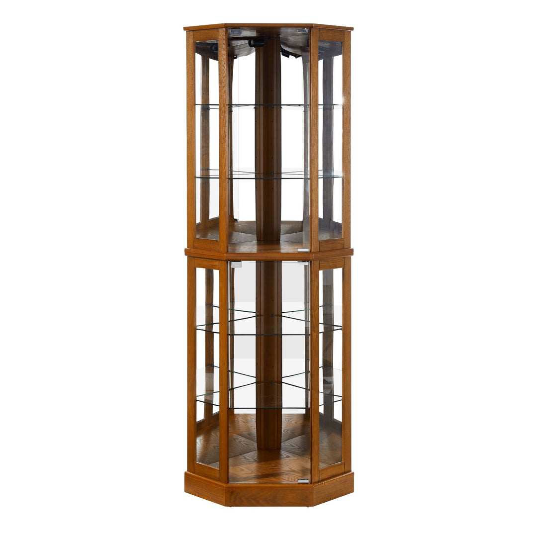 6 Shelf Corner Curio Display Cabinet with Lights, Mirrors and Adjustable Shelves, Oak(E26 light bulb not included)