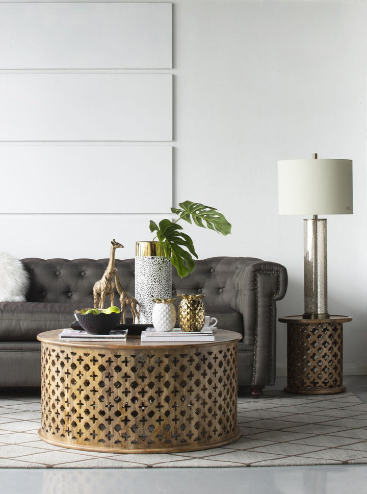 16x16x35" Gold Mirrored Glass Table Lamp with White Fabric Shade