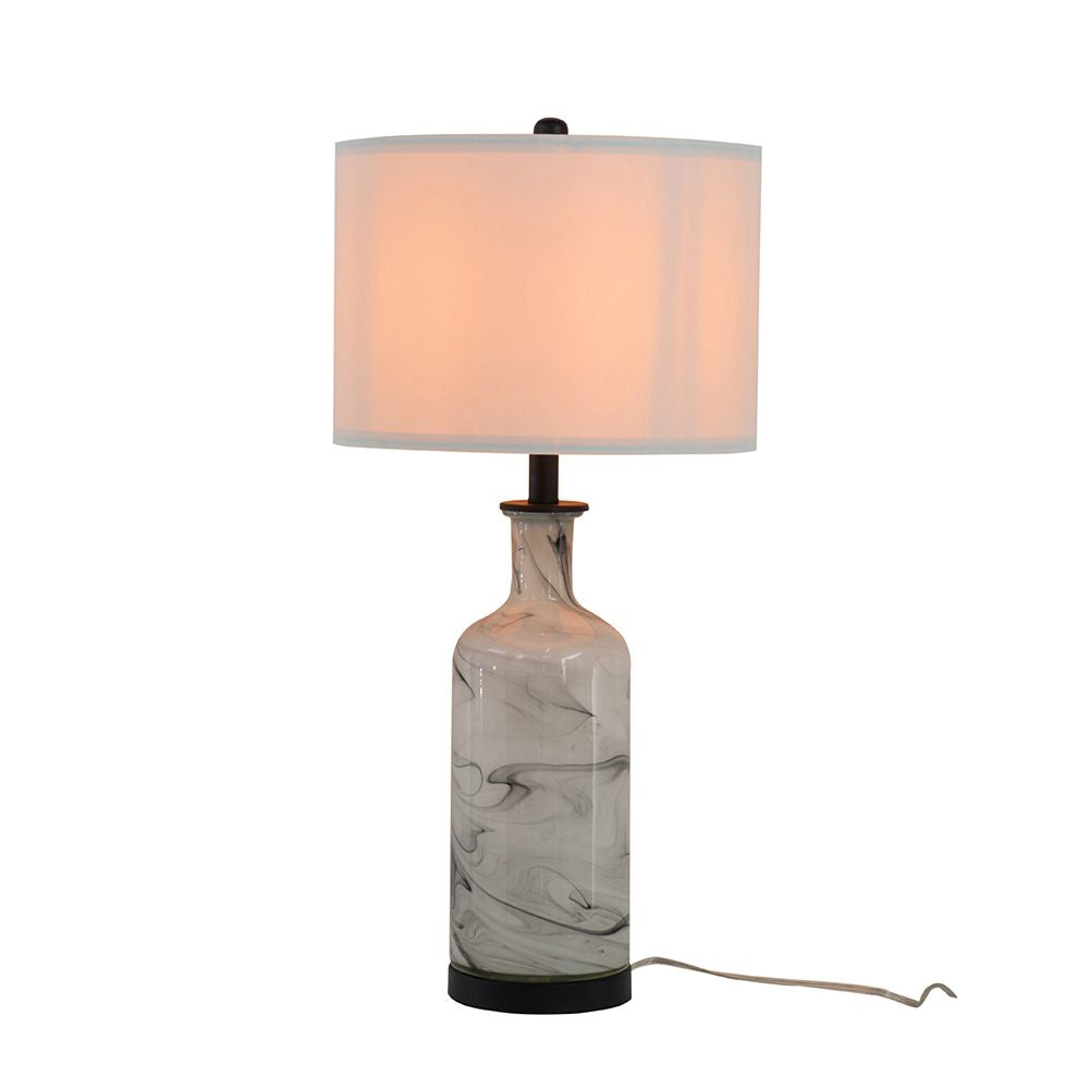 14x14x28.5" Sarris Tall Gray & White Swirl Glass Table Lamp w/ Linen Shade, Back Metal Base