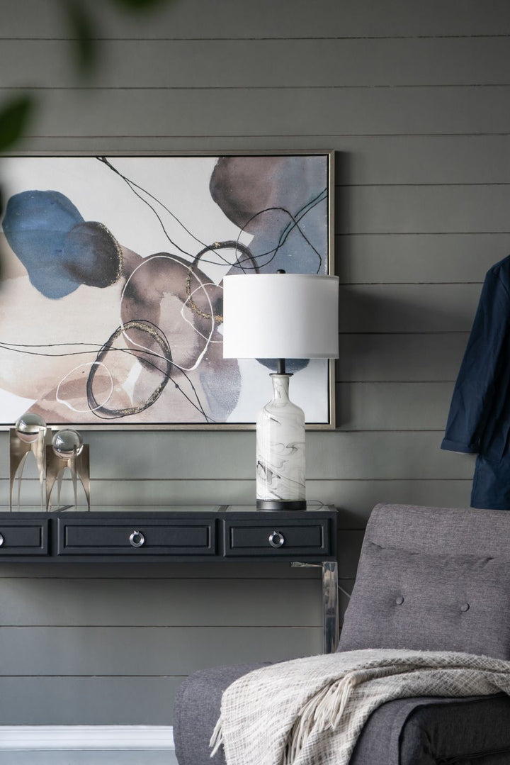 14x14x28.5" Sarris Tall Gray & White Swirl Glass Table Lamp w/ Linen Shade, Back Metal Base