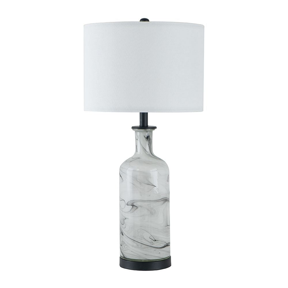 14x14x28.5" Sarris Tall Gray & White Swirl Glass Table Lamp w/ Linen Shade, Back Metal Base