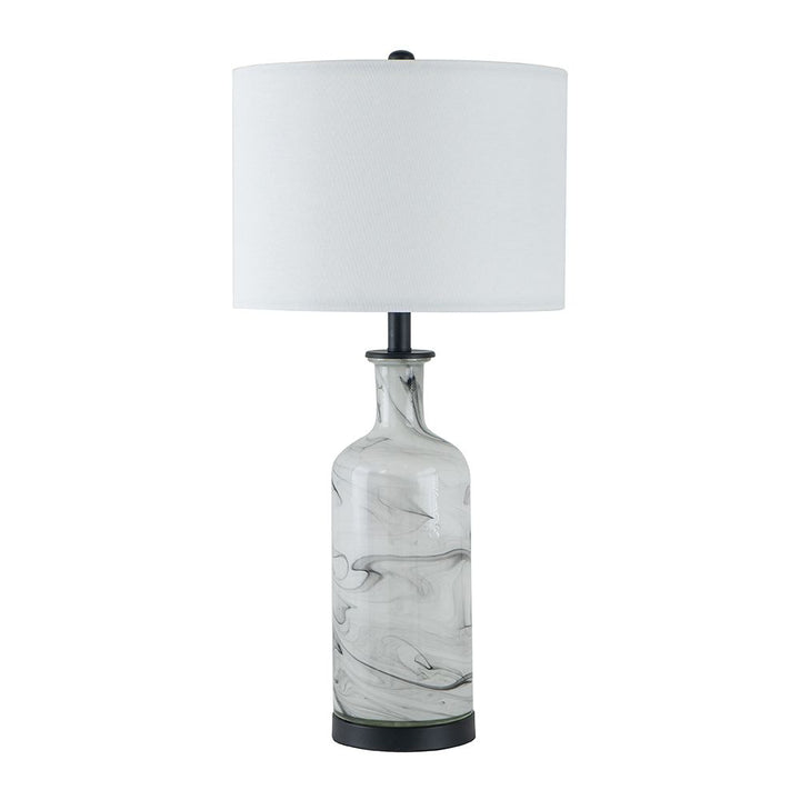 14x14x28.5" Sarris Tall Gray & White Swirl Glass Table Lamp w/ Linen Shade, Back Metal Base