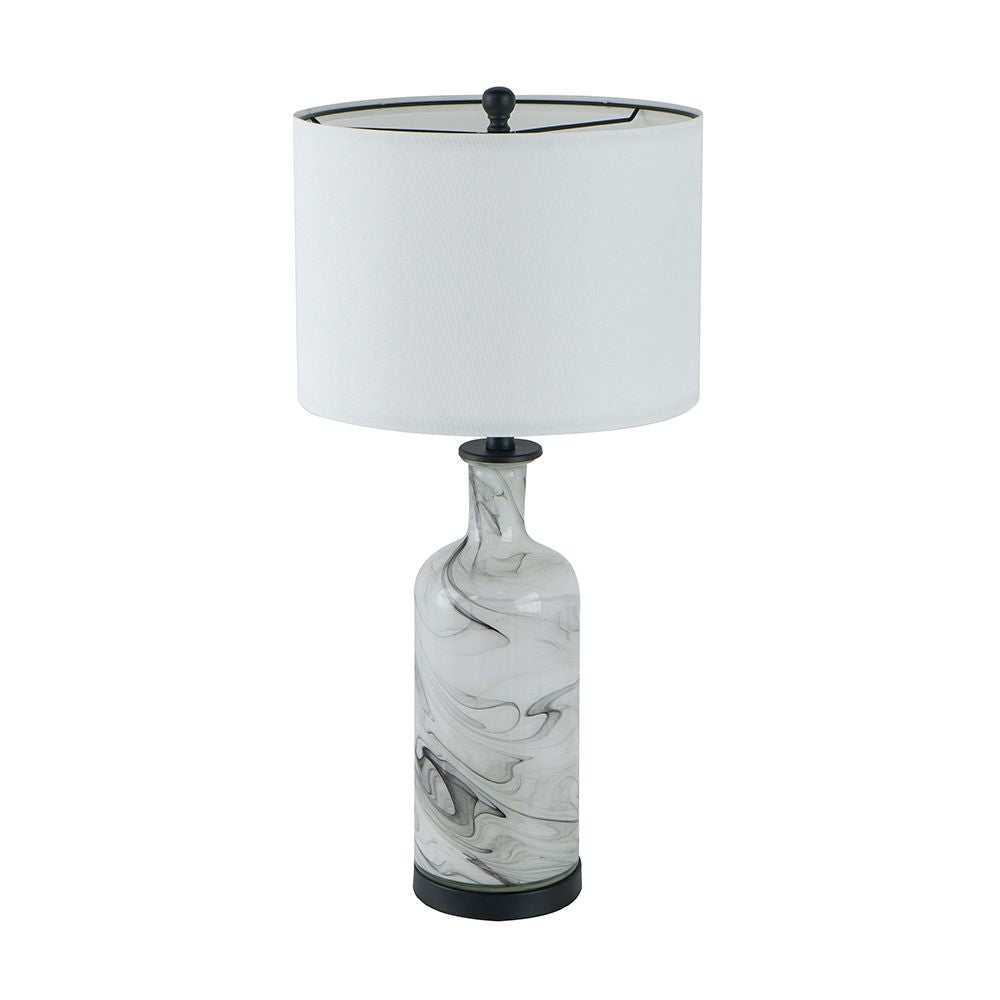14x14x28.5" Sarris Tall Gray & White Swirl Glass Table Lamp w/ Linen Shade, Back Metal Base