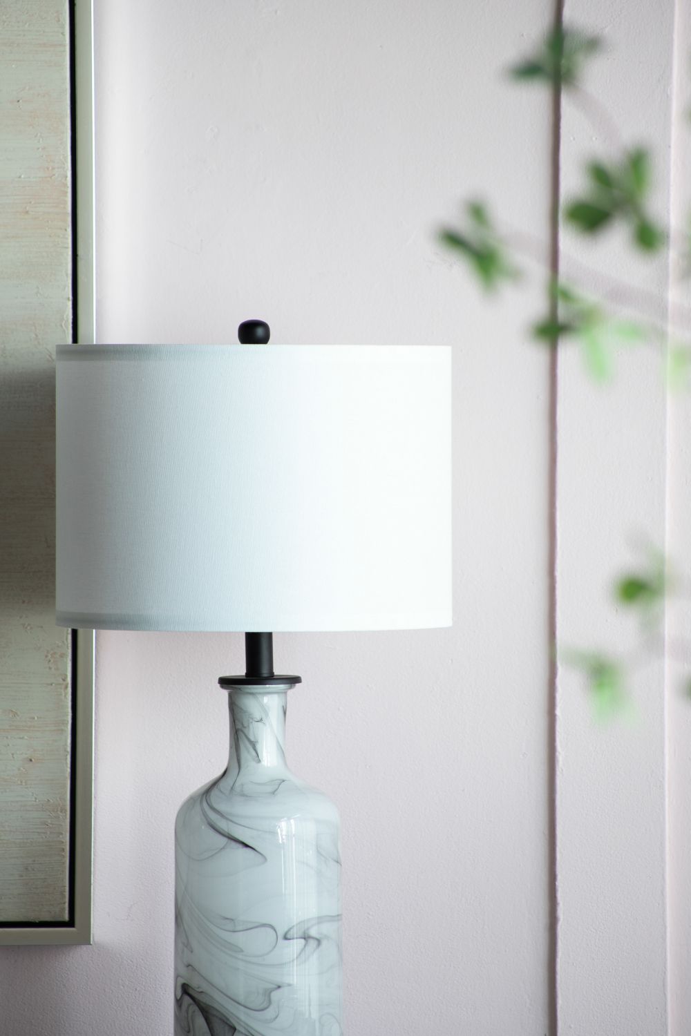 14x14x28.5" Sarris Tall Gray & White Swirl Glass Table Lamp w/ Linen Shade, Back Metal Base