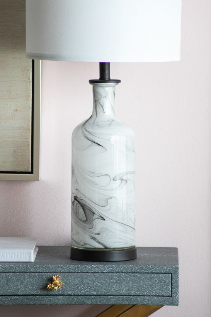 14x14x28.5" Sarris Tall Gray & White Swirl Glass Table Lamp w/ Linen Shade, Back Metal Base