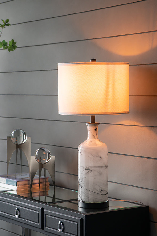 14x14x28.5" Sarris Tall Gray & White Swirl Glass Table Lamp w/ Linen Shade, Back Metal Base