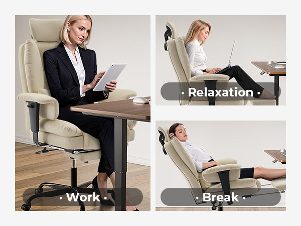 Office Chair Ergonomic 200 kg PU Leather Computer Chair with Lumbar Support and High Backrest, Ergonomic Desk Chair with Liftable Headrest, Beige