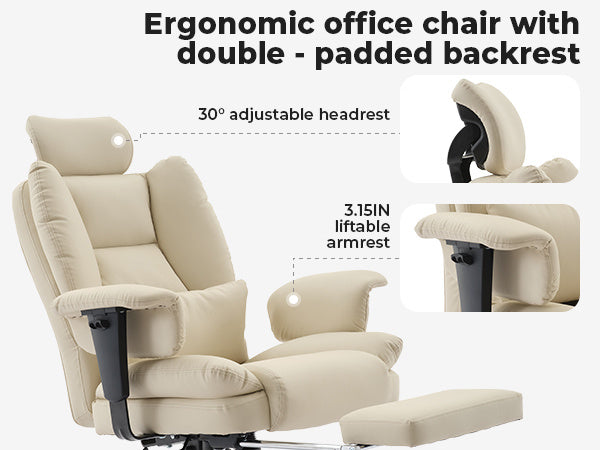 Office Chair Ergonomic 200 kg PU Leather Computer Chair with Lumbar Support and High Backrest, Ergonomic Desk Chair with Liftable Headrest, Beige