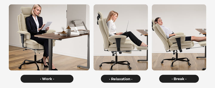 Office Chair Ergonomic 200 kg PU Leather Computer Chair with Lumbar Support and High Backrest, Ergonomic Desk Chair with Liftable Headrest, Beige